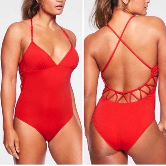 Athleta Kihei red one piece swimsuit criss cross open back adjustable straps - Picture 1 of 4